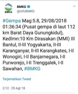 Gempa 5.8 SR di Gunung Kidul Dini Hari Tadi