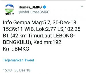Gempa 5,7 SR Guncang Perairan Bengkulu