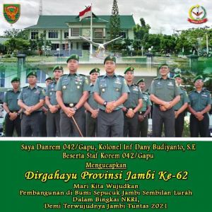 Provinsi Jambi Rayakan HUT ke-62, Ini Ucapan Khusus dari Danrem 042/Gapu
