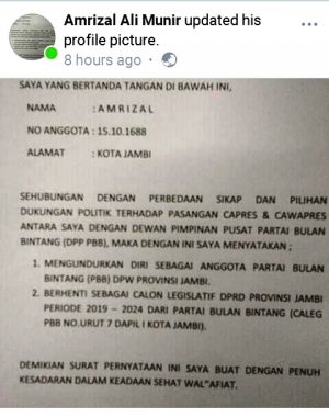 Selain Ketua FPI Jambi, Amrizal Caleg Dapil Kota Jambi juga Mundur dari PBB