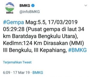 INFO GEMPA: Gempa di Bengkulu 5,5 SR Pagi ini