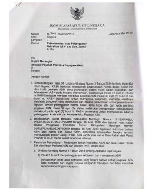 Sekcam Bangko Diberi Sanksi Sedang Oleh KASN Karena Postingan di Facebook