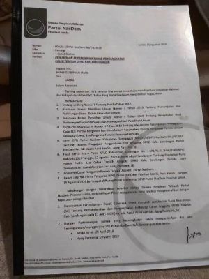 Pindah Parpol, NasDem Surati Pemprov Jambi Minta SK Pengangkatan Aang dan Zaki Ditunda