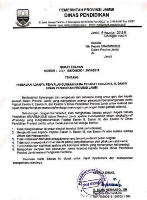 Mencuat Kabar Pungutan di Dinas Pendidikan Provinsi Jambi, Agus juga Keluarkan SE, Ini Isinya