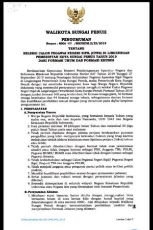 Pemkot Sungai Penuh Resmi Buka Penerimaan CPNS, Baca Pengumuman Syarat dan Formasinya Disini