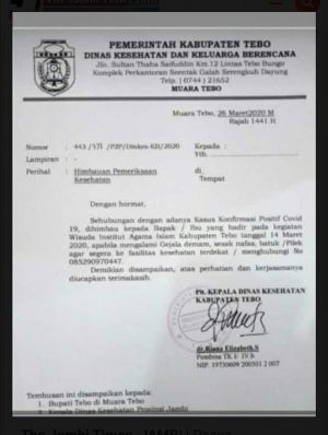 Pasca 1 Pasien Positif Covid-19, Beredar Surat Dinkes Tebo Pinta yang Hadir Wisuda Periksa Kesehatan