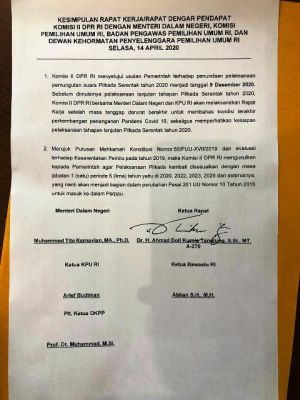 Terbaru... DPR dan Pemerintah Sepekat Pilkada Serentak Dilaksanakan 9 Desember 2020