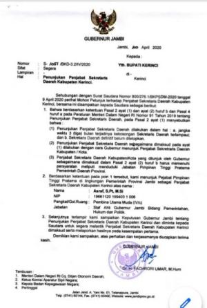 Asraf Ditunjuk Gubernur Jambi Jadi Penjabat Sekda Kabupaten Kerinci