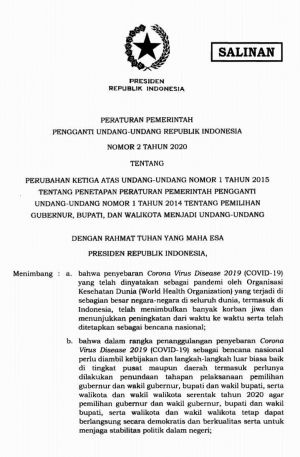 Resmi, Perppu Penundaan Pilkada Serentak Diterbitkan