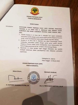 Ini SK Dukungan Resmi Berkarya untuk Pasangan Al Haris-Sani
