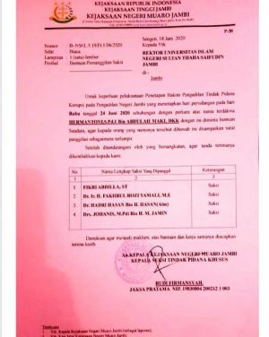 Kasus Auditorium, Mantan Rektor dan Kabag AUK UIN Jambi Dipanggil Jadi Saksi