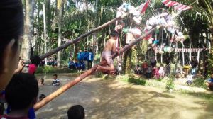 Seru... Panjat Pinang Di Atas Kolam Ikan, Gagal Jatuh ke Air