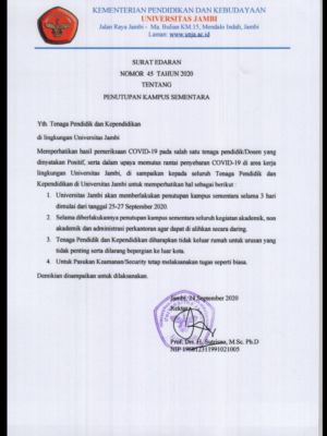Setelah Dosen UNJA Dinyatakan Positif Covid-19, Kampus Ditutup 3 Hari 