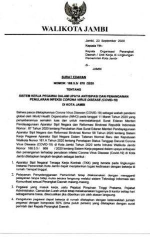 Pemkot Jambi Kembali Memberlakukan Kerja Dari Rumah
