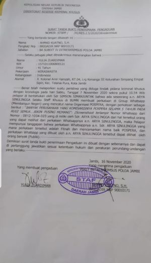 Pospera Jambi Laporkan Arya Sinulingga dan Minta Segera Ditetapkan Tersangka