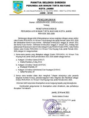 Direksi Perumda Air Minum Tirta Mayang Kota Jambi Terpilih, Berikut Nama-namanya