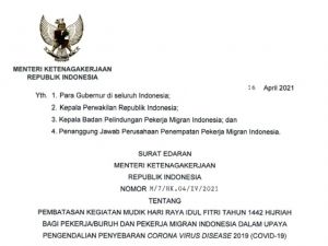 Menaker Terbitkan Edaran Pembatasan Mudik Bagi Pekerja dan PMI
