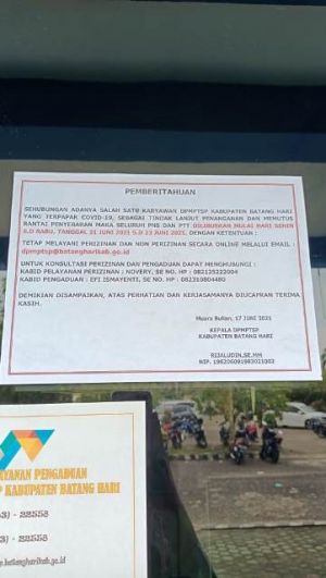 Kantor DPMPTSP Batanghari Tutup Sementara Efek Ada Staf Positif Covid-19