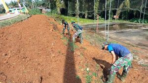 Satgas TMMD Bersihkan Lapangan Volly Sarana Olah Raga Desa Bukit Beringin Agar Terlihat Rapi