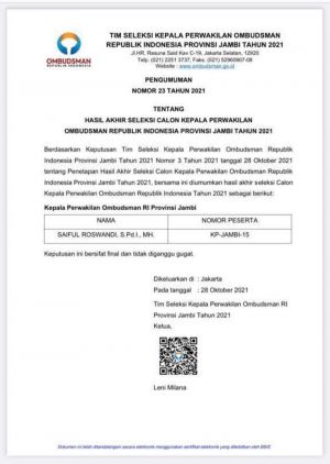 Saiful Roswandi Terpilih Jadi Kepala Ombudsman Perwakilan Provinsi Jambi