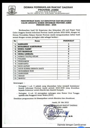 Sah, DPRD Umumkan 5 Komisioner KIP Jambi Dinyatakan Lulus