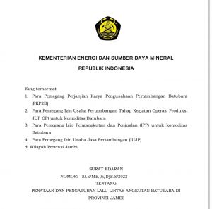 SE Terbaru dari Kementerian ESDM Soal Operasional Angkutan Batubara di Jambi, Ini Isinya