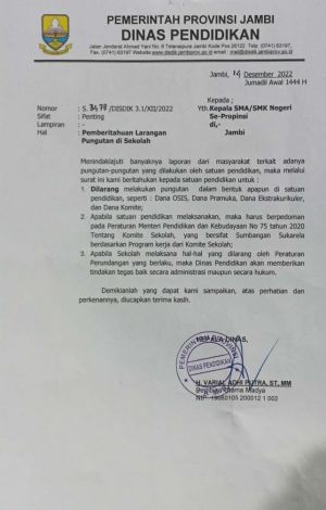 Disdik Provinsi Jambi Keluarkan Surat Larangan Pungutan dilingkup SMA/SMK 