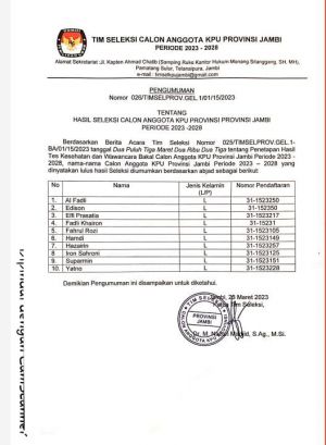 Pengumuman: Ini 10 Besar Calon KPU Provinsi Jambi