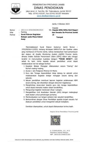 Kabut Asap Makin Pekat, Dinas Pendidikan Provinsi Jambi Perpanjang Belajar dari Rumah