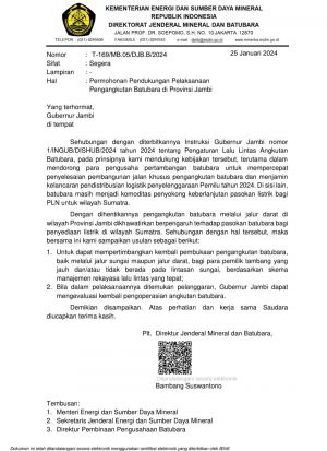 Surati Gubernur Jambi, Kementerian ESDM Minta Aktivitas Angkutan Batu Bara Dibuka