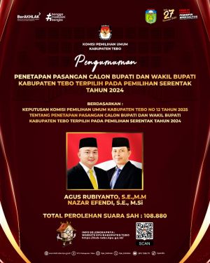 KPU Tebo Tetapkan Agus Rubiyanto-Nazar Efendi Peraih Suara Terbanyak Pilkada 2024