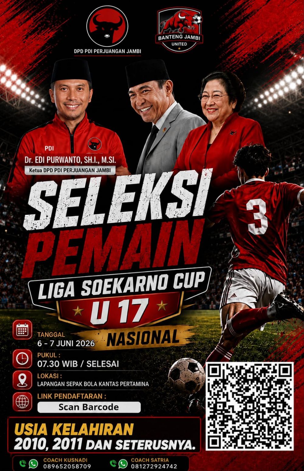 PDI Perjuangan Jambi Gelar Seleksi Liga Soekarno Cup U-17, Catat Batasan Usia Maksimal Sebelum Ikut 