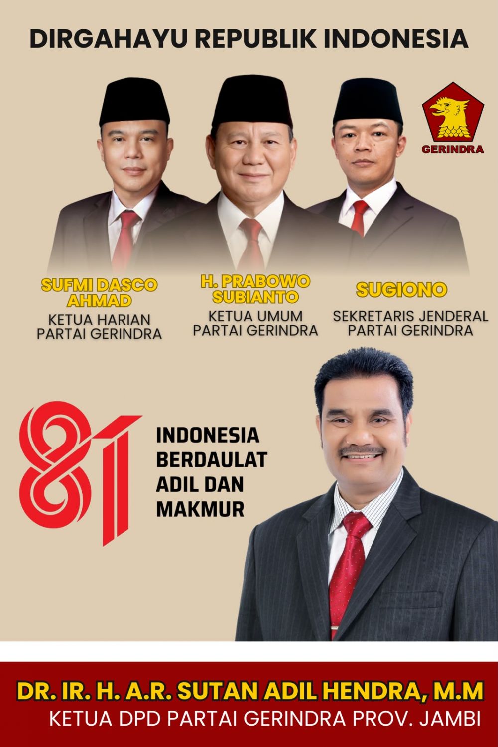 Sambut HUT RI ke-81, SAH Instruksikan Seluruh Kader Gerindra Jambi Kibarkan Bendera Merah Putih